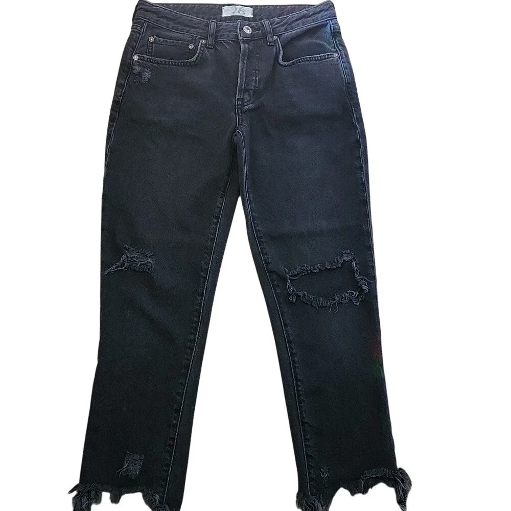 Free People Good Times Boho Edgy Slouch Relaxed Distressed Straight Leg Black 26